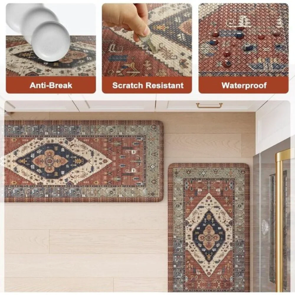 New Set of 2 Red Farmhouse Kitchen Mat, Anti-Fatigue, Cushioned, Non-Slip Mats